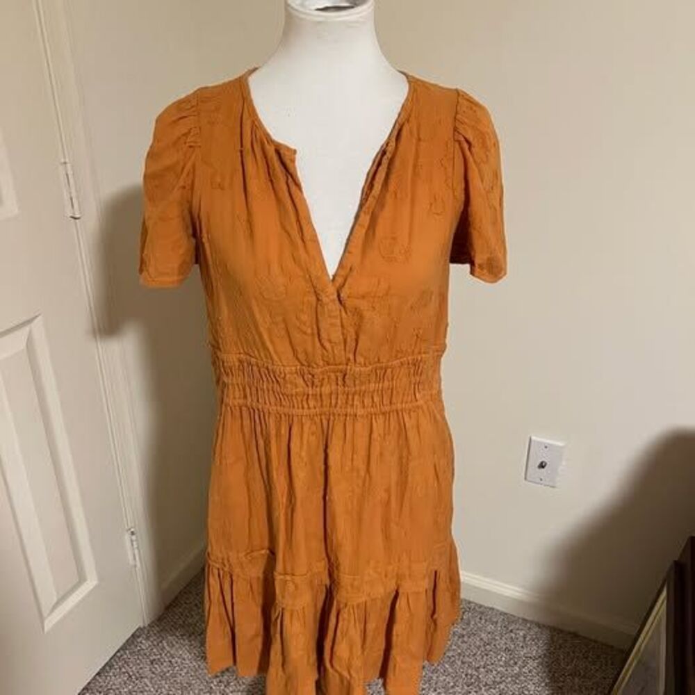 Anthropologie Orange Smocked Tiered Mini Dress - Small